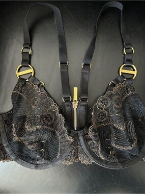 Bordelle, Tierra Balconette Wire Bra with Gold Branded Hardware. NWOT